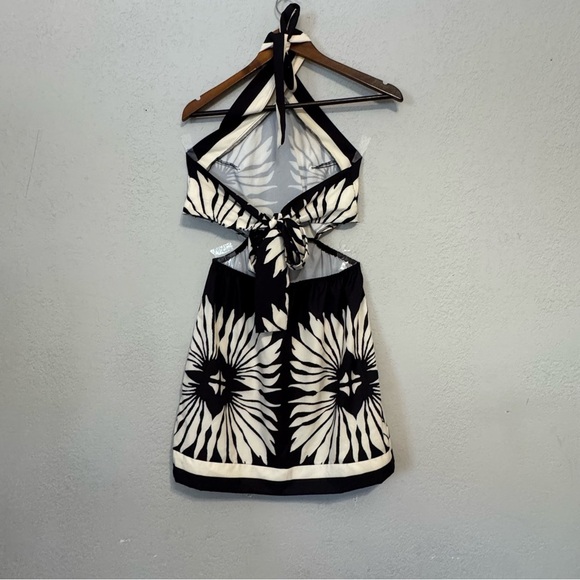 Women's Black and Cream Tropical Halter Mini Cutout Dress - Picture 4 of 8